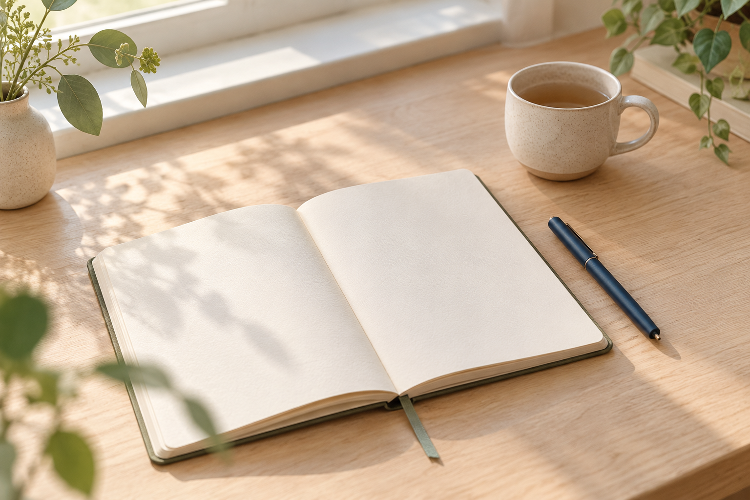 An open notebook and pen on a softly sunlit desk