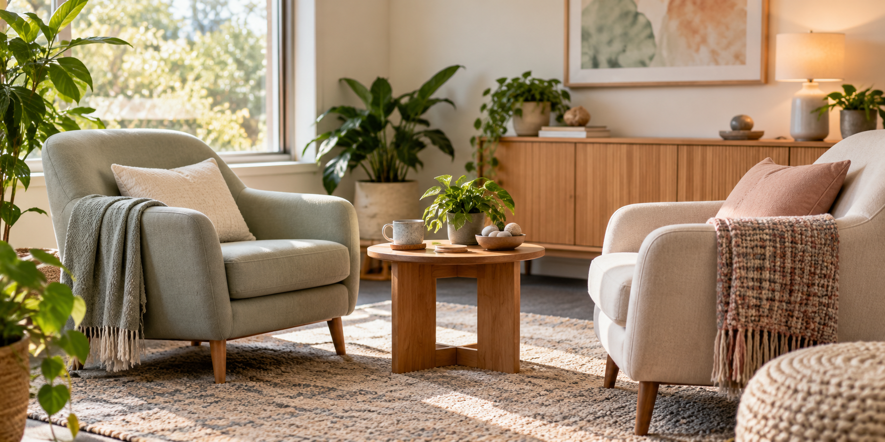 A calm therapy room with two comfortable chairs, plants, and natural light